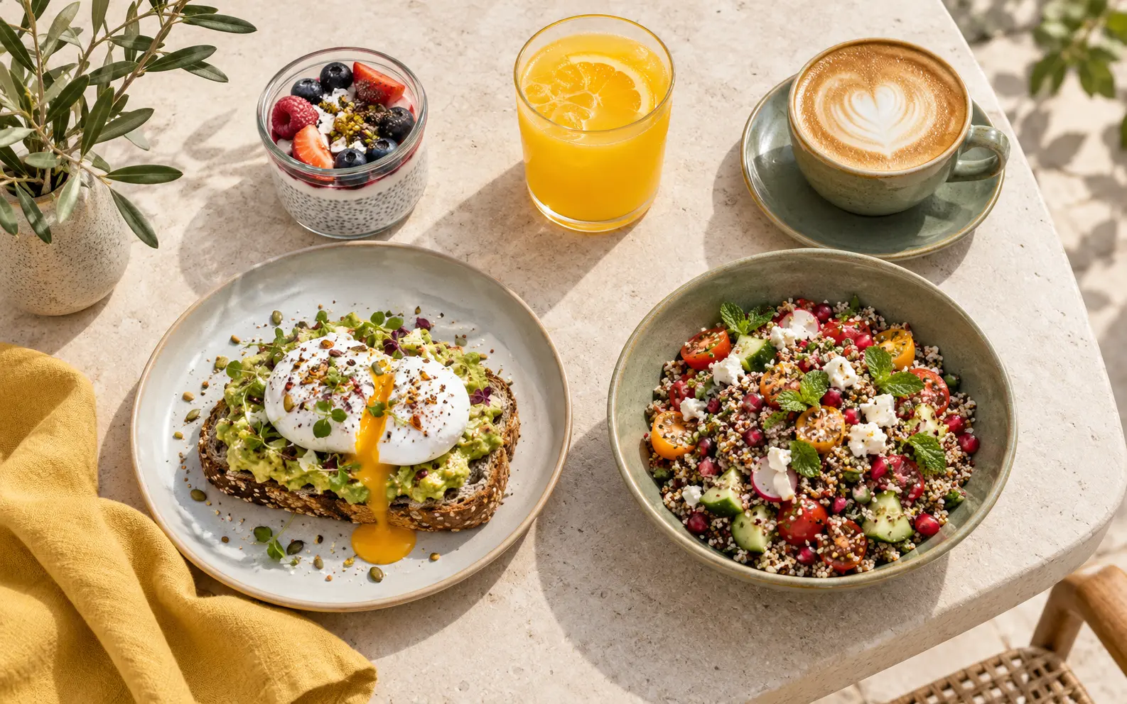 A colourful Café G-inspired brunch spread with avocado eggs, quinoa salad, chia pot, orange juice and coffee